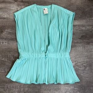 Vintage Jody of California Aqua Mint Pleated Peplum V-Neck Sleeveless Top Sz 10T